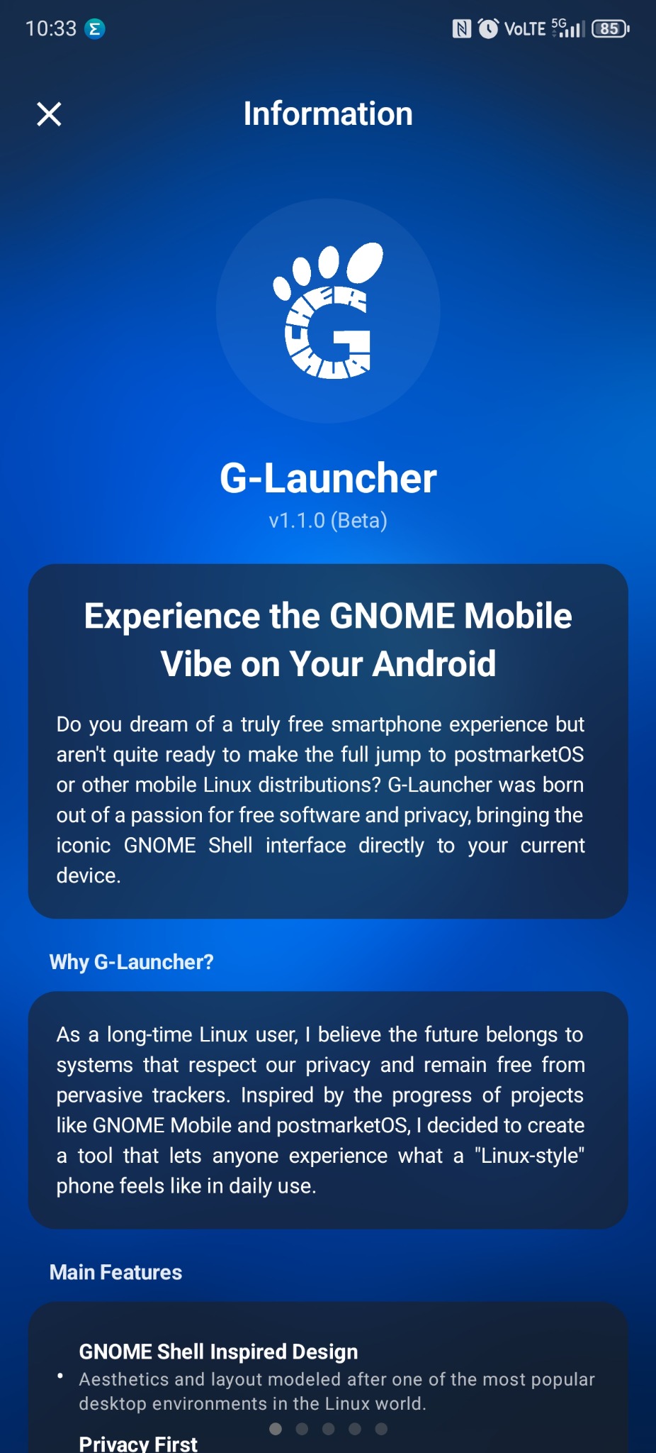 G-Launcher about system page